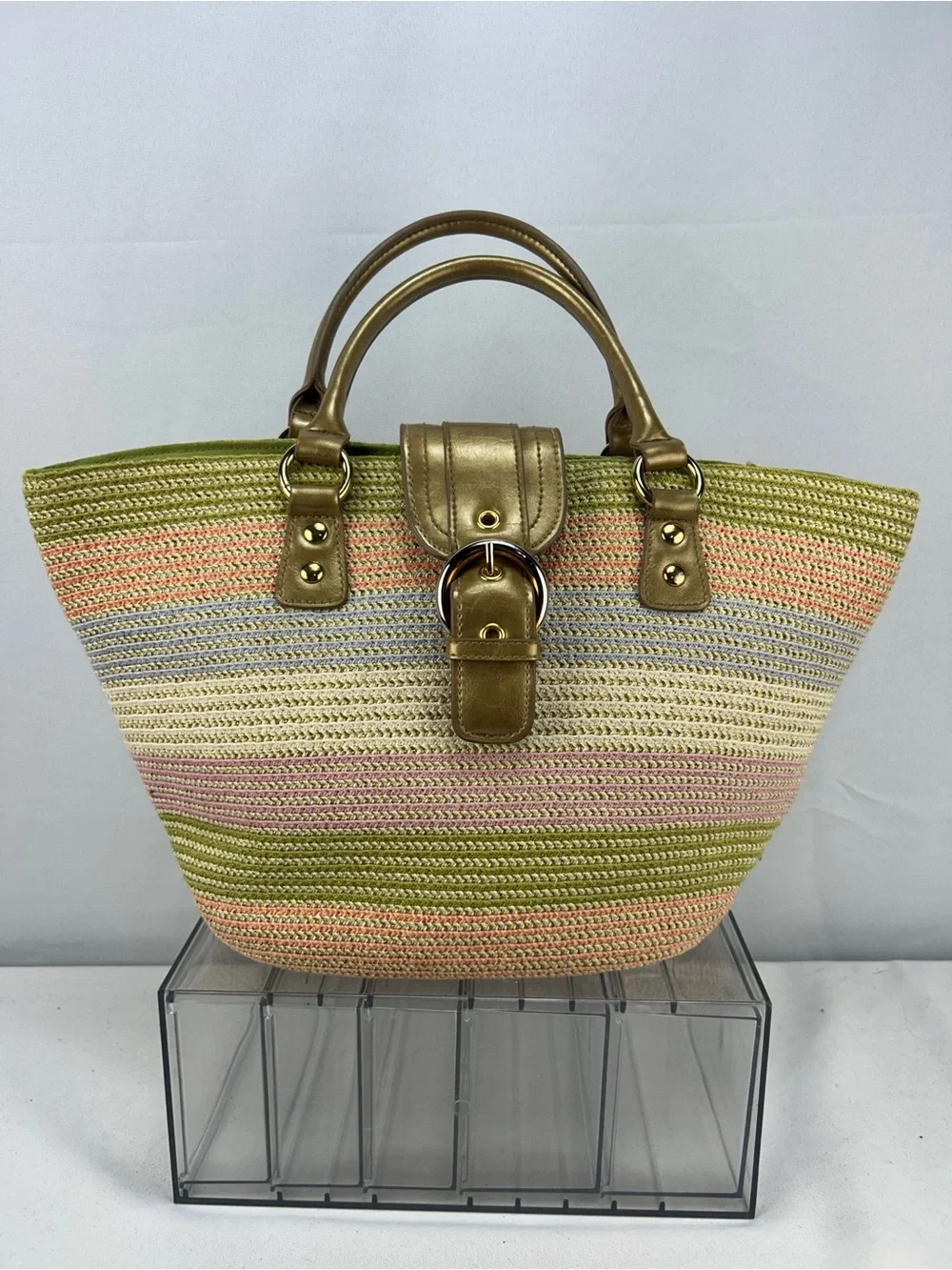 Amanda Smith Gold-Trim Pastel Striped Straw Satchel